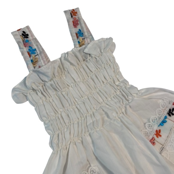 Vintage-Style White Embroidered Girl’s Dress Smocked Bodice, Floral Details - Picture 3 of 4